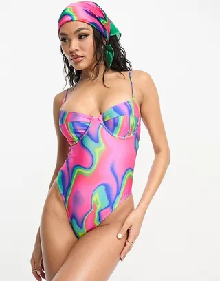 South Beach underwire high rise swimsuit in neon marble print