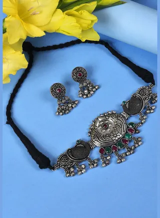 Silver Plated Designer Stone Necklace and Earrings Set