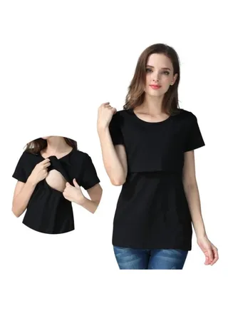 Maternity Breast Feeding Double Layer T-Shirt Black 