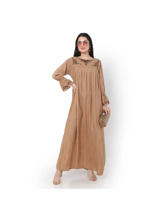 PURE VISCOSE WITH PRINTED AND EMBROIDRED LIGHT BROWN ARABIC JALABIYA KAFTAN DRESS 