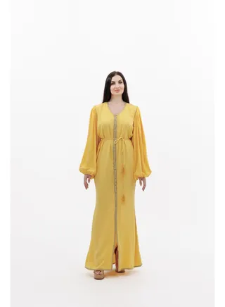 SIMPLE POLYESTER SOLID YELLOW COLOUR ARABIC KAFTAN JALABIYA DRESS 