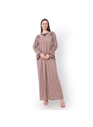 PURE VISCOSE WITH PRINTED AND EMBROIDRED BROWN ARABIC JALABIYA KAFTAN DRESS 