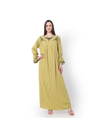 PURE VISCOSE WITH PRINTED AND EMBROIDRED GREEN ARABIC JALABIYA KAFTAN DRESS 