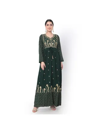 EMBROIDERED WITH PRINTED SOLID GREEN COLOUR ARABIC JALABIYA DRESS 