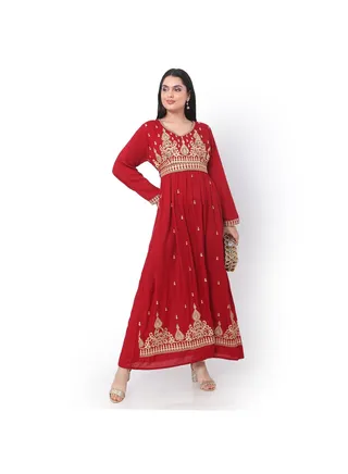 LONG EMBROIDERED VISCOSE SOLID RED COLOUR ARABIC JALABIYA DRESS 