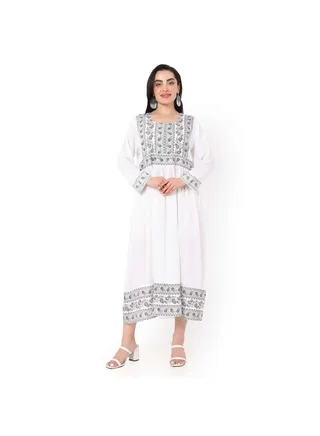 SHORT WHITE COLOUR HIGH QUALITY FLORAL PRINTED WITH FRONT BUTTONED STYLED ARABIC KAFTAN JALABIYA DRESS 