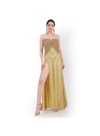 SEMI SWEETHEART NECKLINE LONG SIDE CUT EVENING PARTY WEAR DRESSES 