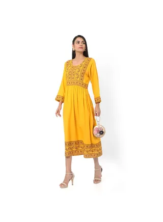 SHORT YELLOW COLOUR HIGH QUALITY FLORAL PRINTED WITH FRONT BUTTONED STYLED ARABIC KAFTAN JALABIYA DRESS 