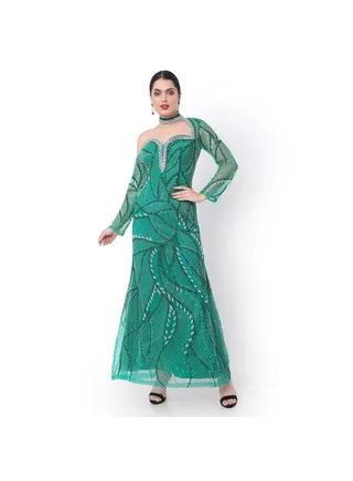 STYLISH NECKLINE WITH HAND BEADED POLYESTER LONG EVENING PROM PARTY DRESSES 