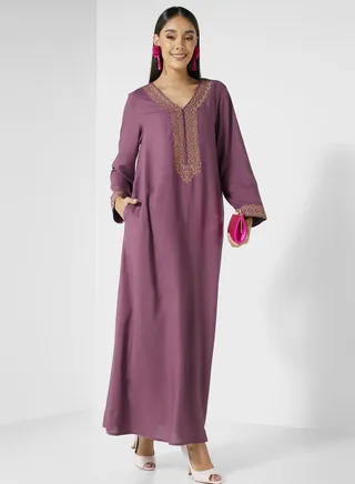 V-Neck Embroidered Jalabiya 