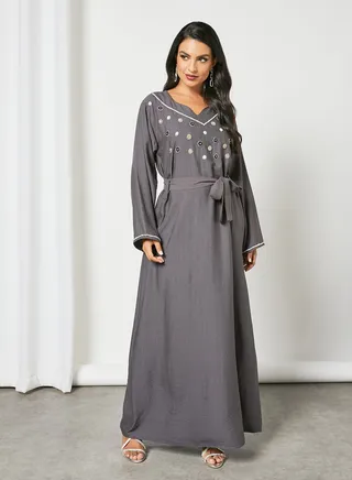 Embellished Sweatheart Neck Beaded Jalabiya With Belt Grey 
