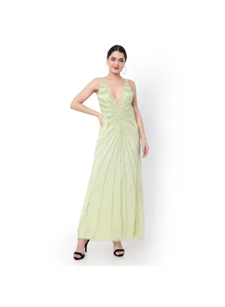SLEEVELESS GREEN COLOUR HAND BEADED LONG PARTY WEAR DRESSES 