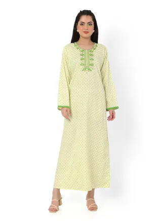 FLORAL FRONT NECK EMBROIDERED WITH PRINTED GREEN COLOUR ARABIC KAFTAN JALABIYA DRESS 