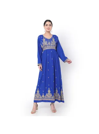 LONG EMBROIDERED VISCOSE SOLID BLUE COLOUR ARABIC JALABIYA DRESS 
