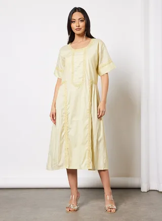 Casual Cotton Lace Round Neck Jalabiya With Embroidery For Women 