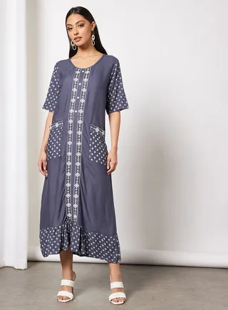 Casual Cotton Printed Round Neck All Over Jalabiya With Facemask For Women 