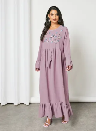 Stylish Embellished Scoop Neck Long Sleeve Jalabiya Lilac 