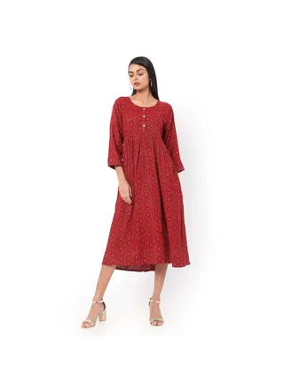 SOFT RED COLOUR FRONT BUTTONED THREE FORTH SLEEVES CASUAL SHORT ARABIC JALABIYA KAFTAN DRESS 