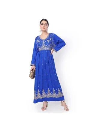LONG EMBROIDERED VISCOSE SOLID BLUE COLOUR ARABIC JALABIYA DRESS 