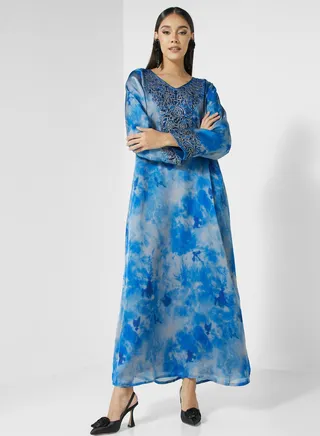 V-Neck  Printed Jalabiya 