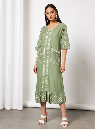 Casual Cotton Printed Round Neck All Over Jalabiya With Facemask For Women 
