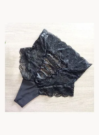 Women's  See Through Lace Lace-up High Waist Panties Briefs Underwear Black 