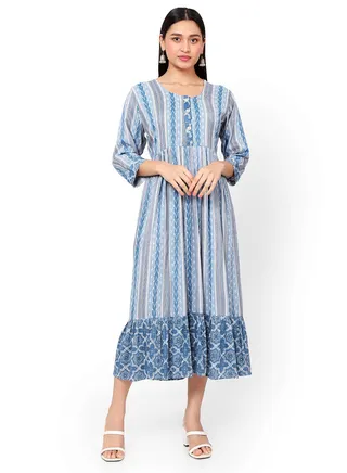 STRIP PRINTED BLUE COLOUR SHORT FRONT STYLED BUTTONED  ARABIC KAFTAN JALABIYA DRESS 