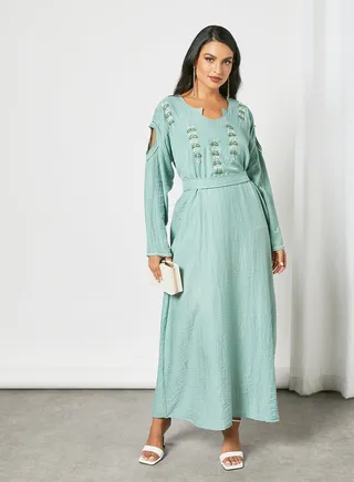 Embellished Sweetheart Neck Beaded Jalabiya With Belt Light Green 