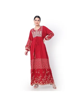 EMBROIDERED WITH PRINTED SOLID RED COLOUR ARABIC JALABIYA DRESS 