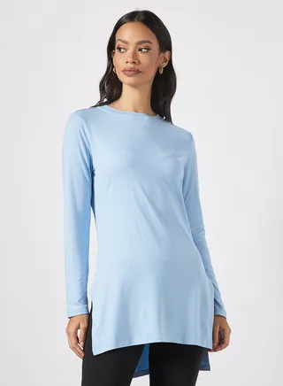 Women's Solid Design Casual Side Slit Top Blue 