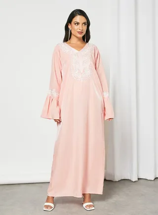 Embellished Beaded V-Neck Jalabiya With Belt Pink 