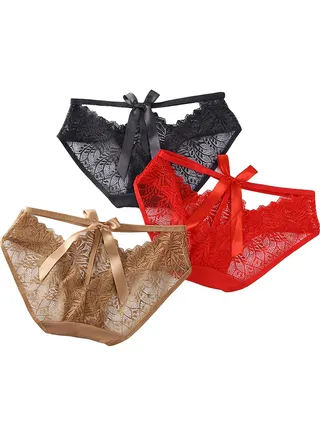 3 Pcs Women Girl Lace Briefs Set Swimming wear Underwear Anti-bacterial Breathable Waist Body Shaper Underpants Panty Slimming Elastic Briefs,Honeymoon  Evening Wear L 
