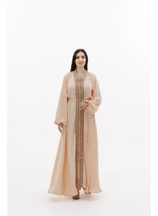 SOLID PEACH COLOUR POLYESTER WITH THIN BELT ARABIC JALABIYA DRESS 