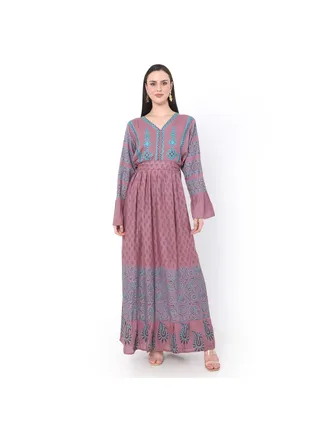 EMBROIDERED AND PRINTED WITH BELT LONG VISCOSE ARABIC JALABIYA DRESS 