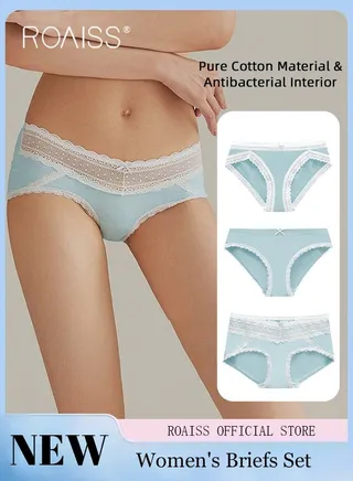 3 Piece Lace Decor Underwear for Women Solid Color Lingerie Briefs Breathable and Antibacterial Material Youthful Mid Rise Underwear with Comfortable Skin-friendly Crotch Suitable for Couples 