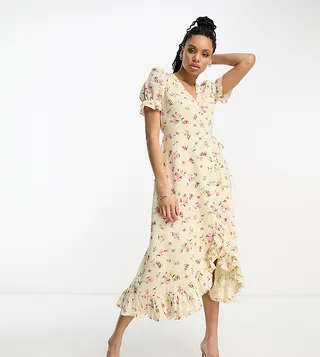 & Other Stories exclusive linen midi wrap dress in floral print