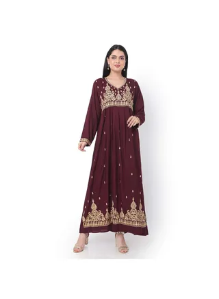 LONG EMBROIDERED VISCOSE SOLID MAROON COLOUR ARABIC JALABIYA DRESS 