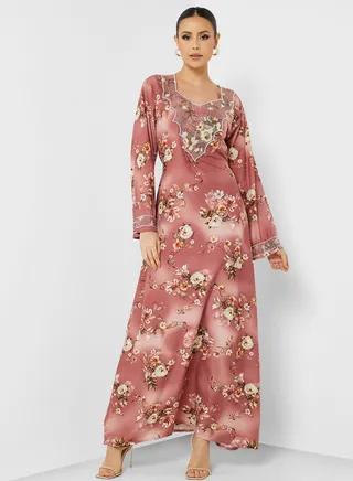 Printed V-Neck Jalabya 
