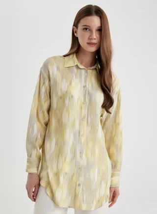 Relax Fit Shirt Collar Printed Long Sleeve Tunic 
