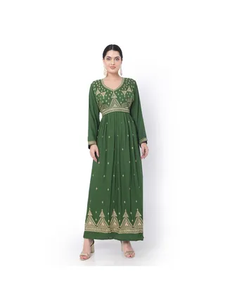 LONG EMBROIDERED VISCOSE SOLID GREEN COLOUR ARABIC JALABIYA DRESS 