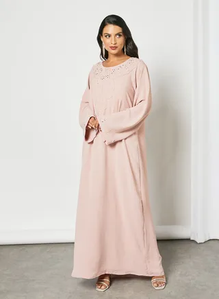 Embellished Beaded Scoop Neck Long Sleeve Jalabiya With Belt Pink 