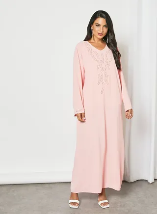 Beaded Leafy Style V-Neck Jalabiya With Belt Pink 