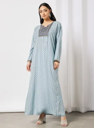Embroidred Bib Detail Neck Printed Jalabiya 