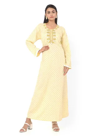 FLORAL FRONT NECK EMBROIDERED WITH PRINTED YELLOW COLOUR ARABIC KAFTAN JALABIYA DRESS 