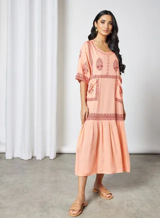 Elegant Pocket Detail Printed Jalabiya Peach/Red 