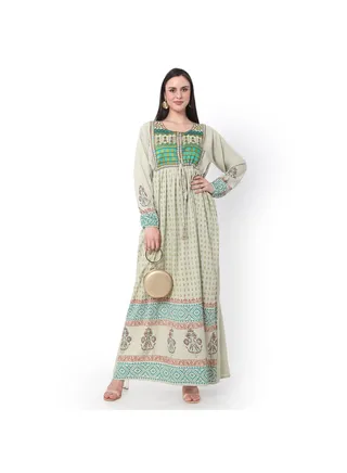 GREEN COLOUR VISCOSE DRESS WITH MULTICOLOUR EMBROIDERED ARABIC JALABIYA DRESS 