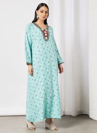 Embroidred Bib Detail Neck Printed Jalabiya 