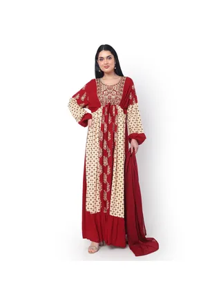 EMBROIDERED WITH PRINTED SOLID RED COLOUR ARABIC JALABIYA DRESS 