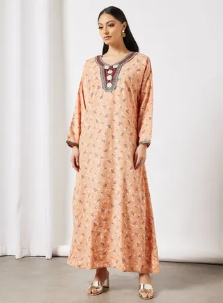 Embroidred Bib Detail Neck Printed Jalabiya 