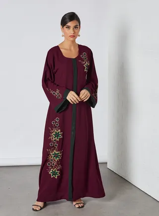 Floral Pattern Round Neck Jalabiya Maroon 